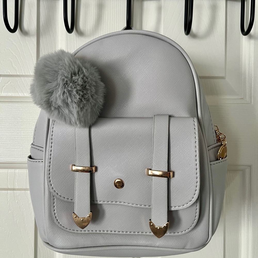 New Gray Women's Backpack with Pom Pom